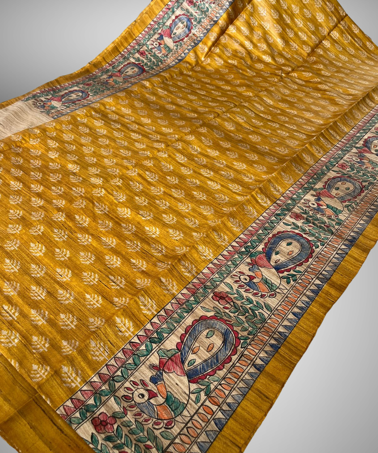 Hand-Painted Madhubani Vivah Tussar Ghicha Silk Saree in Mustard Gold and Natural Cream