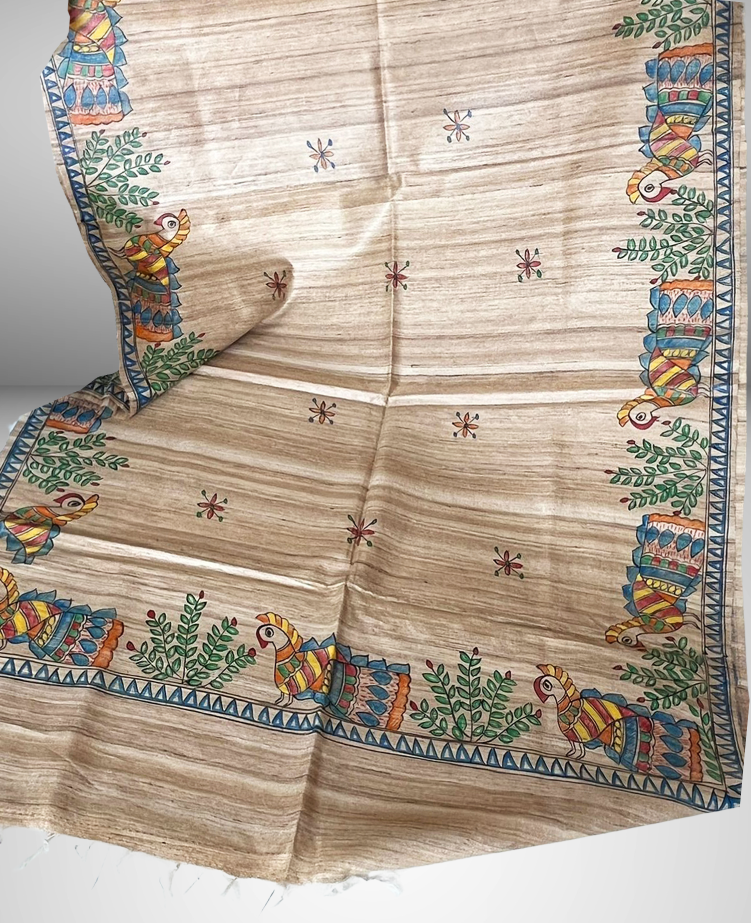 Hand-Painted Madhubani Bird Motif Tussar Ghicha Silk Dupatta – Natural Beige