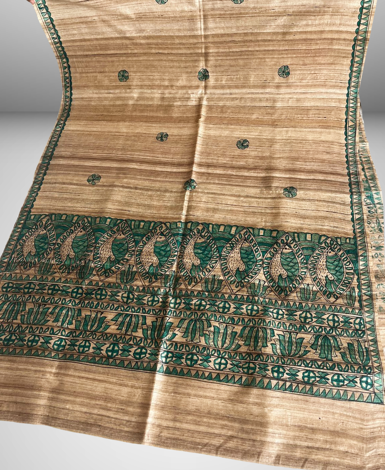 Hand-Painted Madhubani Tussar Ghicha Silk Dupatta | Authentic Mithila Art Handloom Wrap