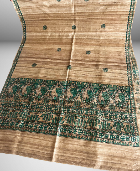 Hand-Painted Madhubani Tussar Ghicha Silk Dupatta | Authentic Mithila Art Handloom Wrap