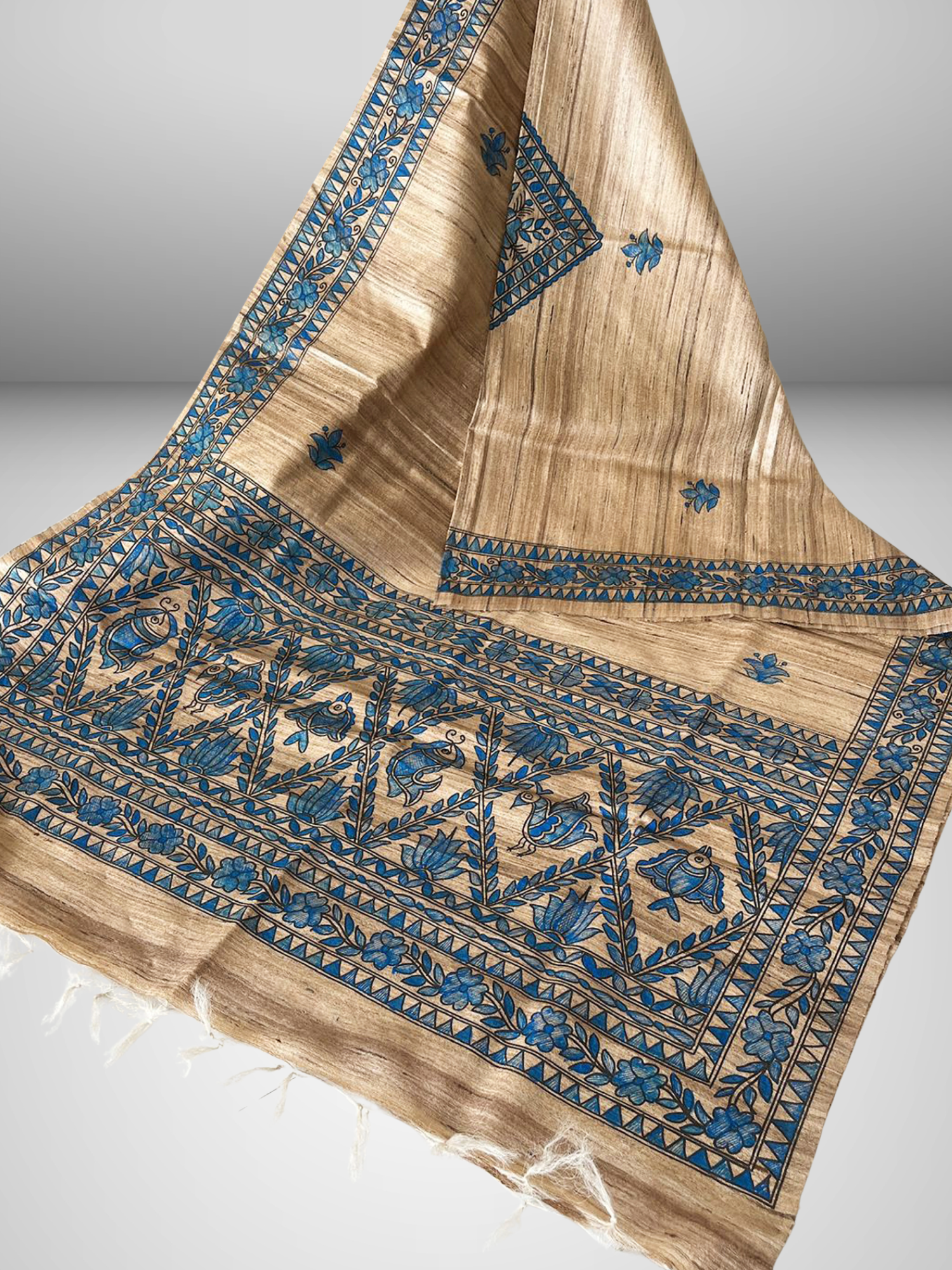 Hand-Painted Madhubani Tussar Ghicha Silk Dupatta – Natural Beige with Blue Motifs
