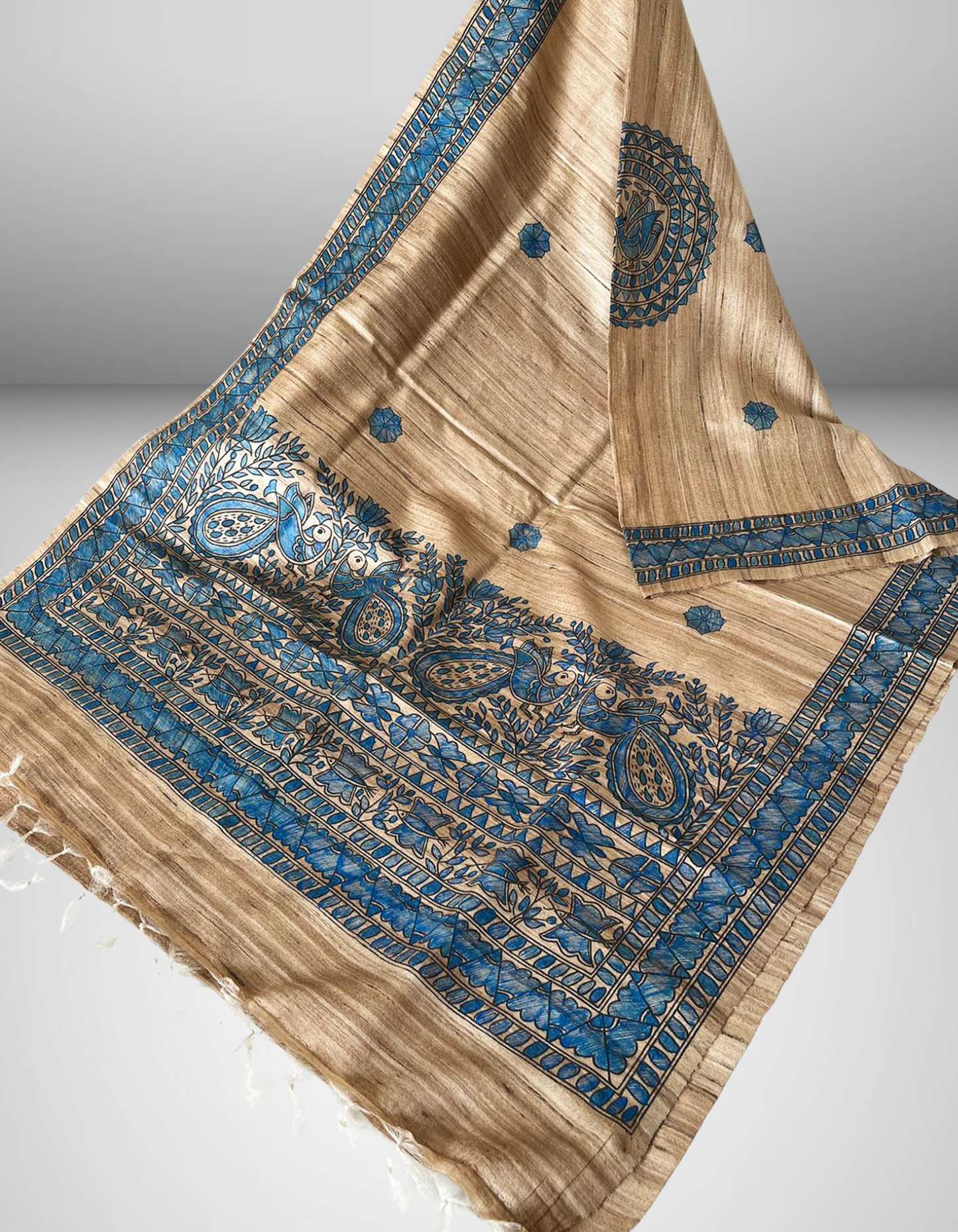 Hand-Painted Madhubani Tussar Ghicha Silk Dupatta – Natural Beige with Indigo Blue Motifs