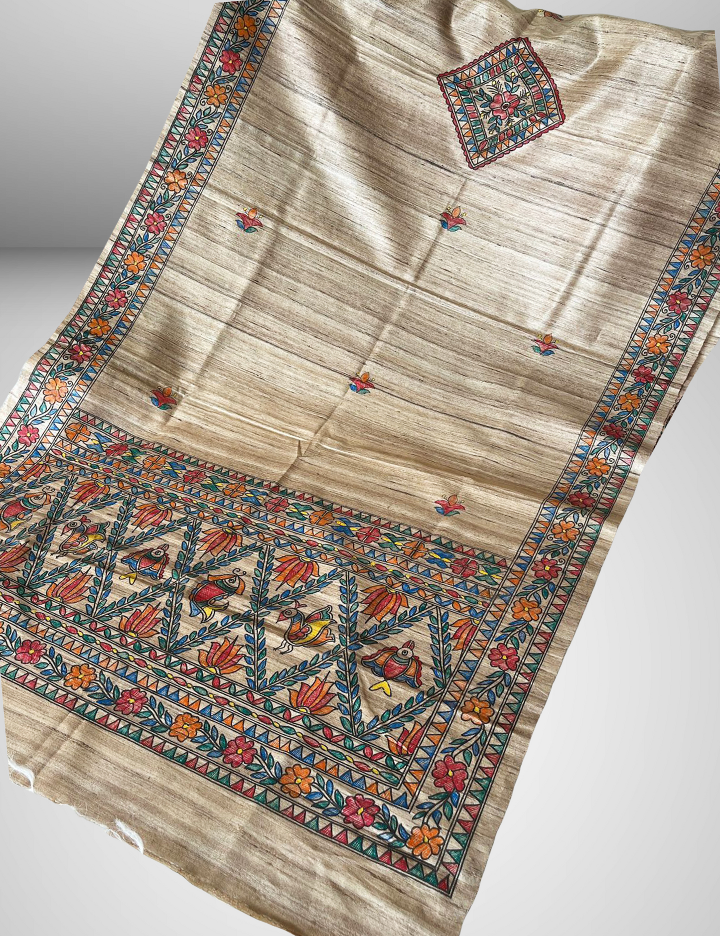 Hand-Painted Madhubani Tussar Ghicha Silk Dupatta – Natural Beige with Multicolour Floral & Bird Motifs