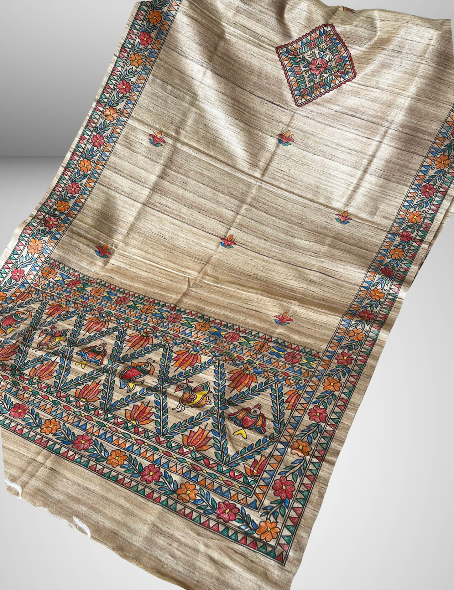 Hand-Painted Madhubani Tussar Ghicha Silk Dupatta – Natural Beige with Multicolour Floral & Bird Motifs