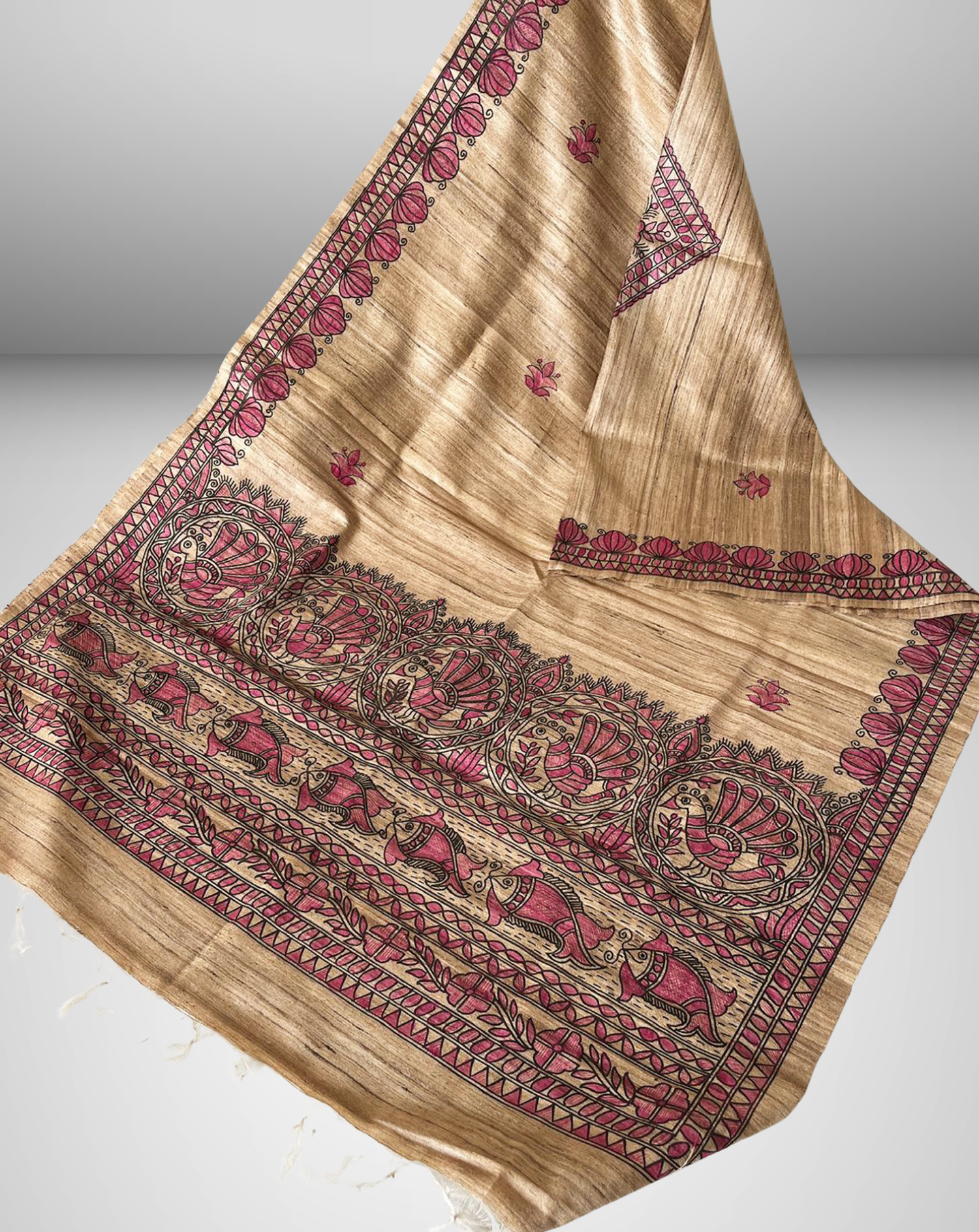 Hand-Painted Madhubani Tussar Ghicha Silk Dupatta – Natural Beige with Pink Motifs