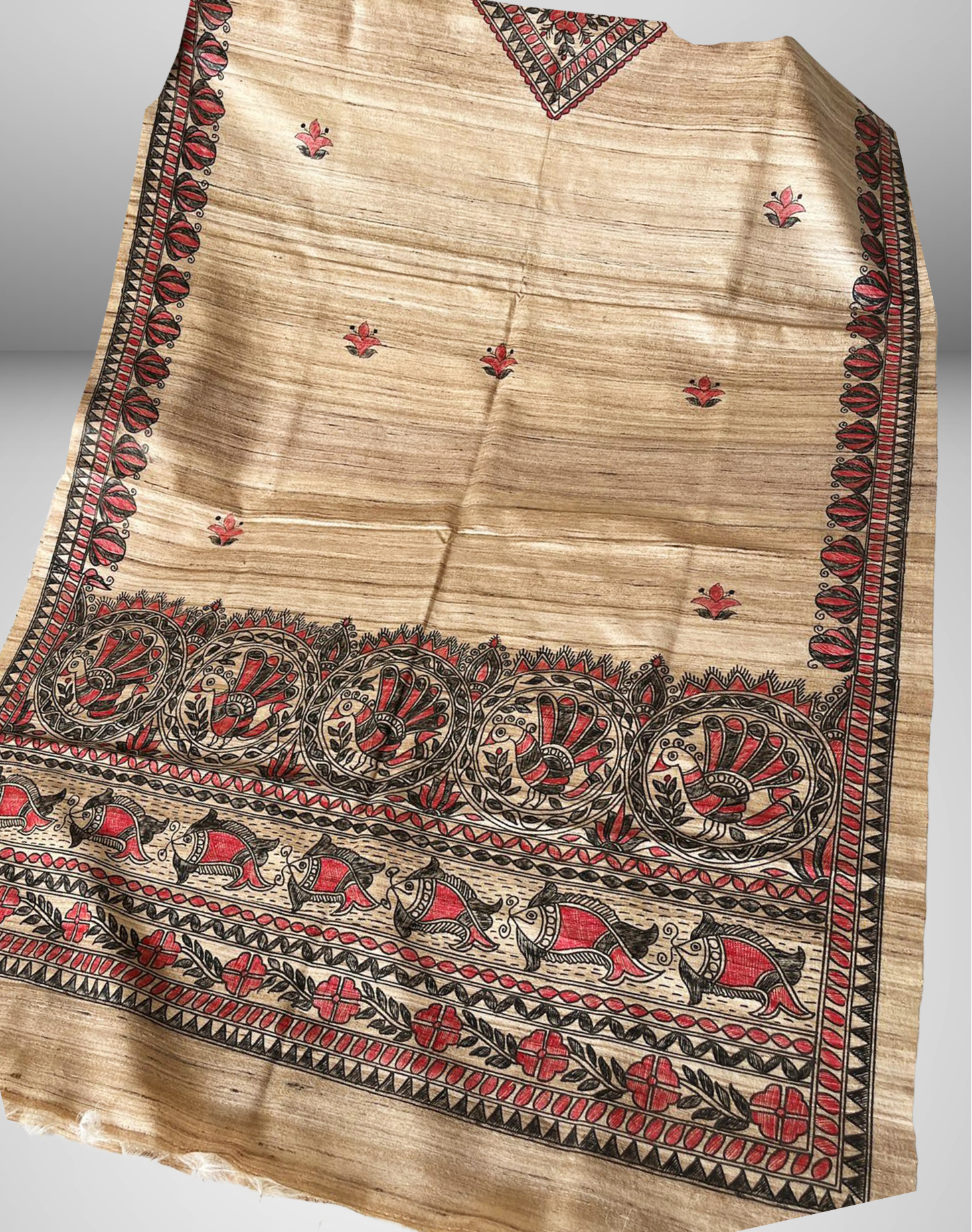 Hand-Painted Madhubani Tussar Ghicha Silk Dupatta with Fish Motifs – Natural Beige