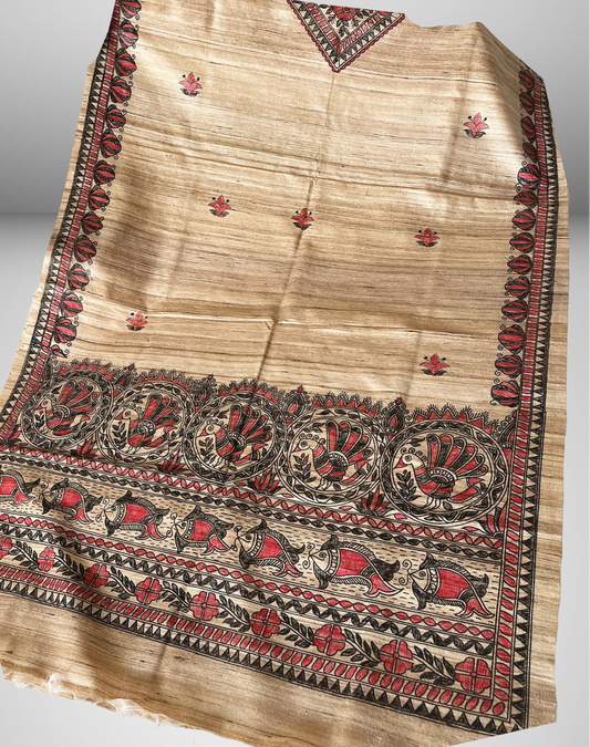 Hand-Painted Madhubani Tussar Ghicha Silk Dupatta with Fish Motifs – Natural Beige