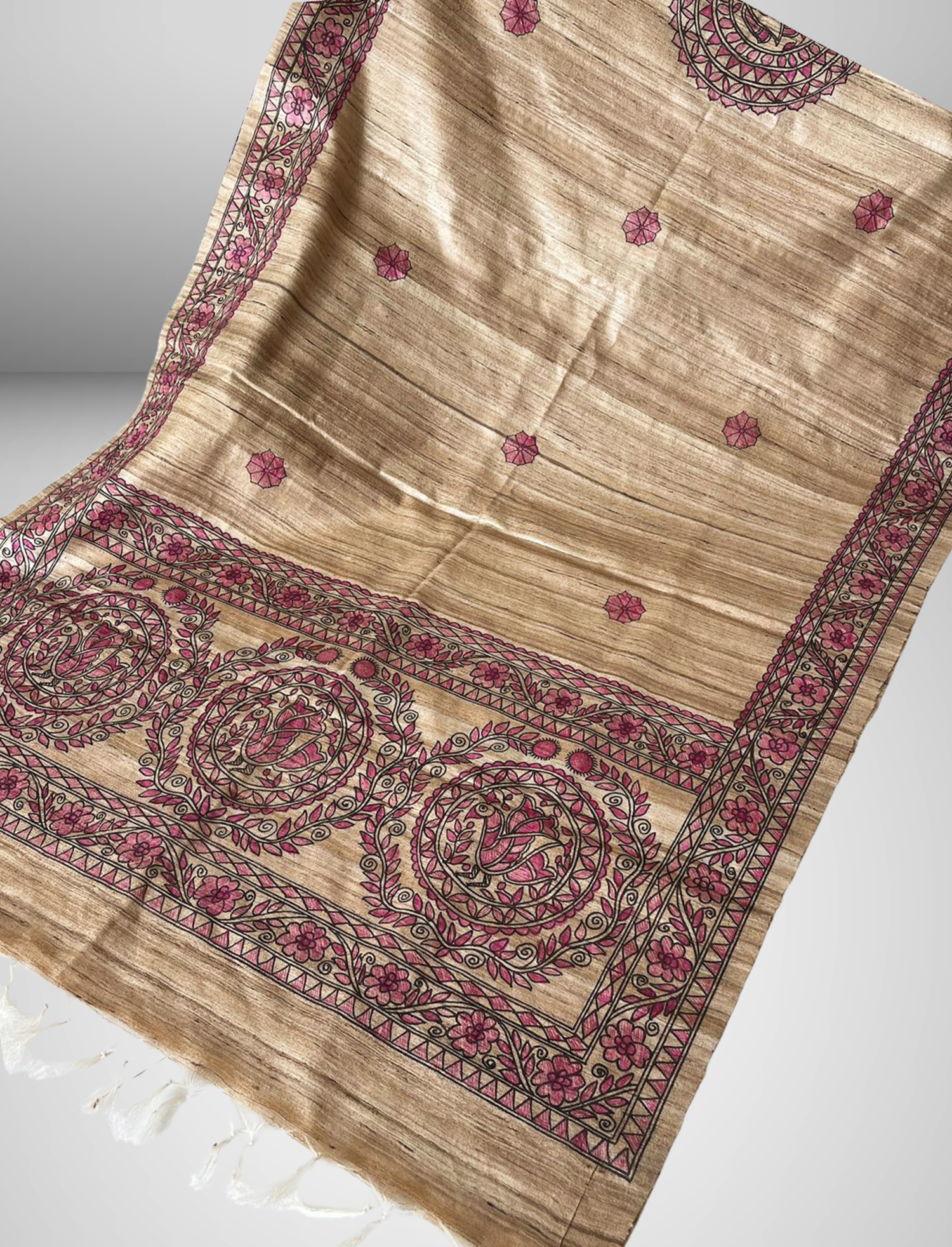 Hand-Painted Madhubani Tussar Ghicha Silk Dupatta with Floral Medallions – Natural Beige & Pink