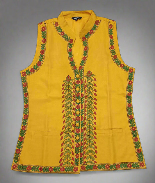 Hand-Painted Mustard Madhubani Cotton Waistcoat for Women | Peepal Clothing