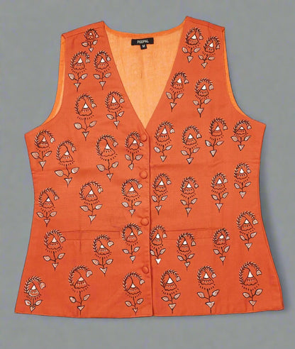 Hand-Painted Orange Madhubani Cotton Waistcoat for Women | Peepal Clothing