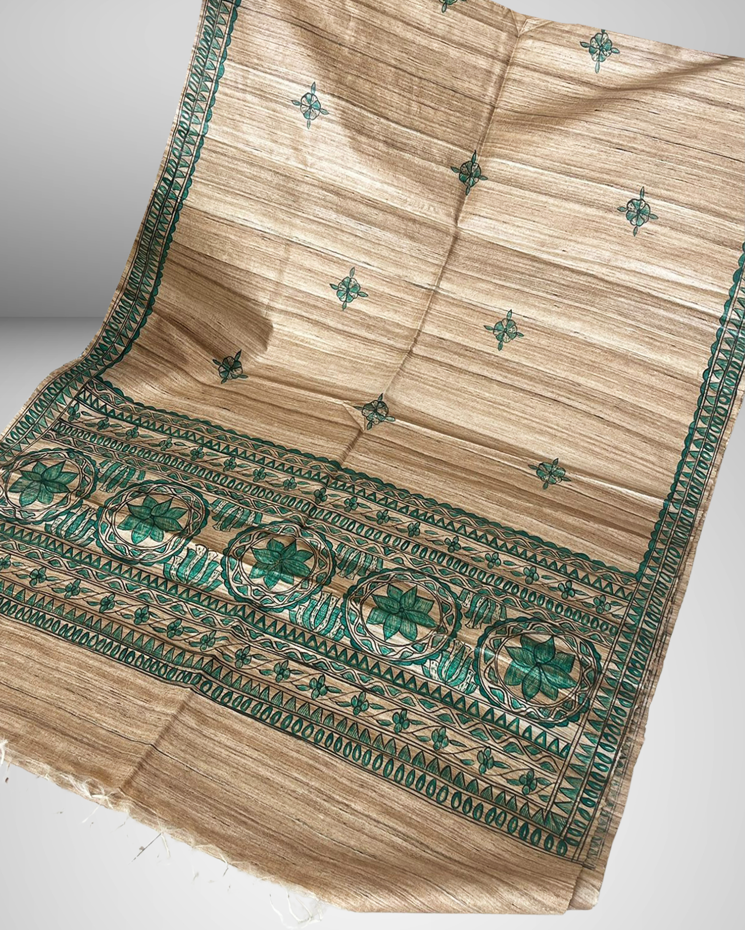 Hand-Painted Tussar Ghicha Silk Dupatta with Green Madhubani Floral Border