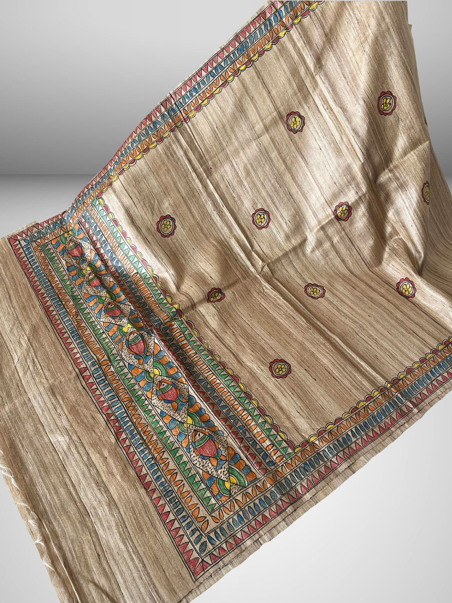 Hand-Painted Tussar Ghicha Silk Dupatta with Multicolour Madhubani Fish Border