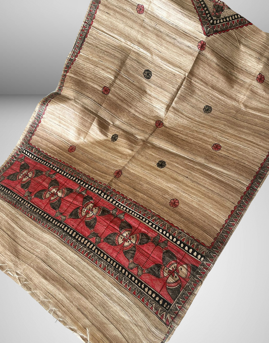 Hand-Painted Tussar Ghicha Silk Dupatta with Red Madhubani Geometric Border