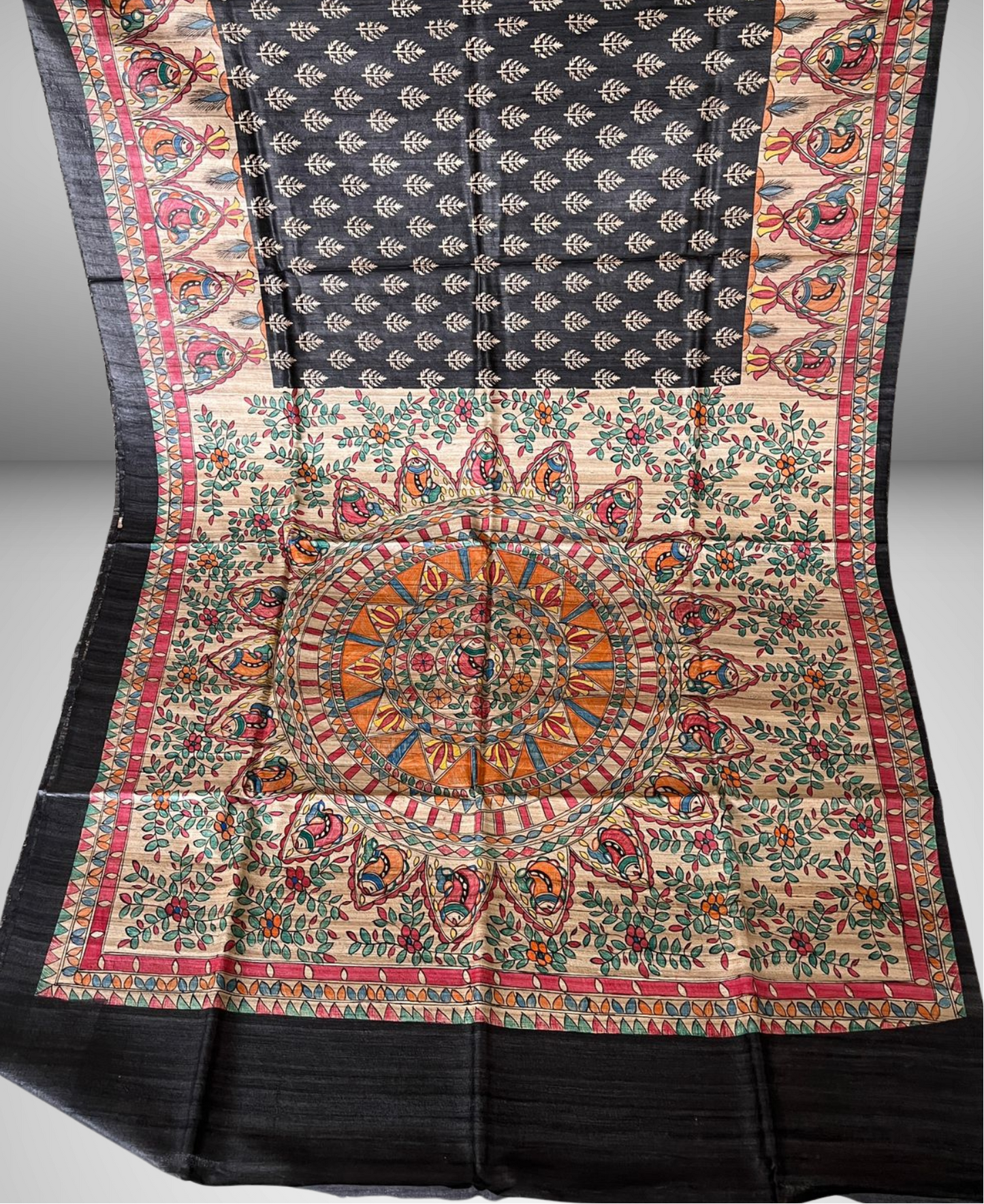 Hand Painted Black Madhubani Tussar Ghicha Pure Silk Saree