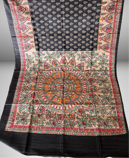Hand Painted Black Madhubani Tussar Ghicha Pure Silk Saree