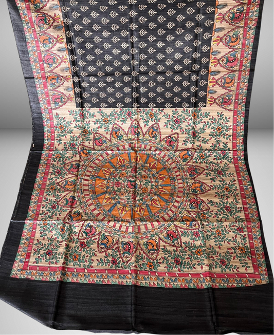 Hand Painted Black Madhubani Tussar Ghicha Pure Silk Saree