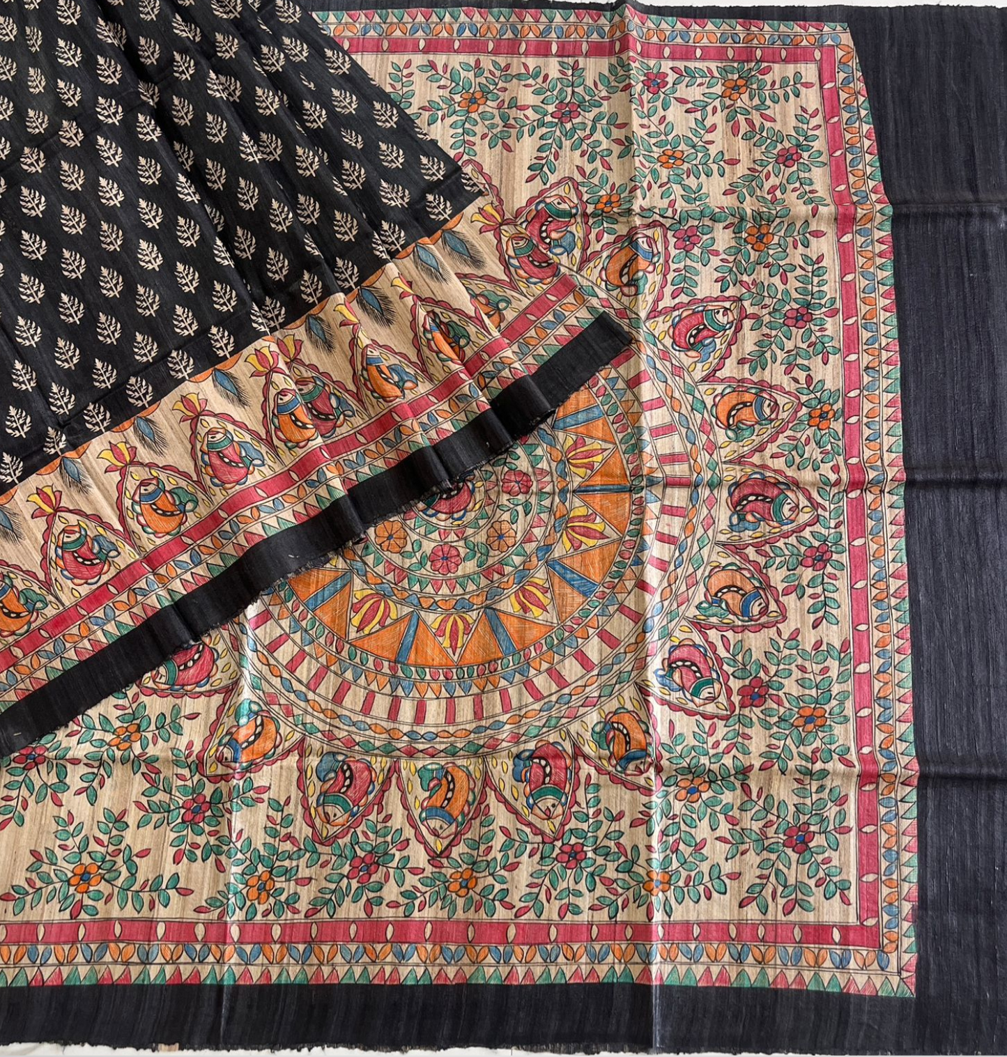 Hand Painted Black Madhubani Tussar Ghicha Pure Silk Saree