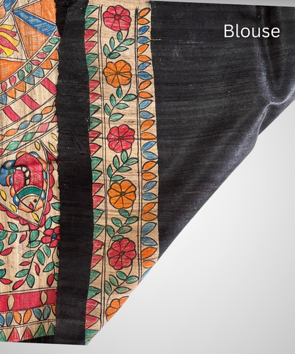Hand Painted Black Madhubani Tussar Ghicha Pure Silk Saree
