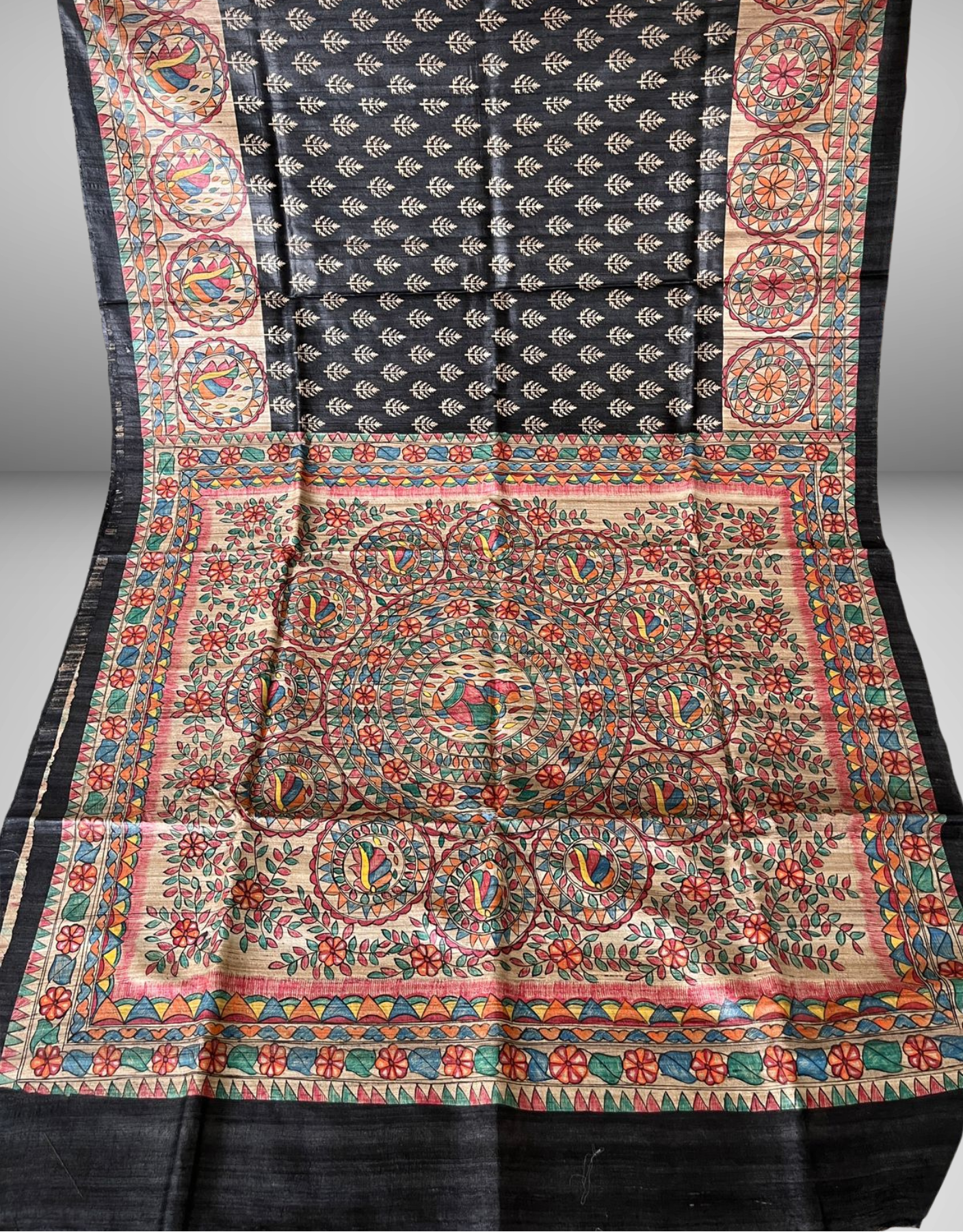 Hand Painted Black Madhubani Tussar Ghicha Silk Saree