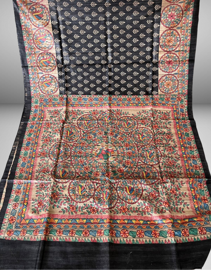 Hand Painted Black Madhubani Tussar Ghicha Silk Saree