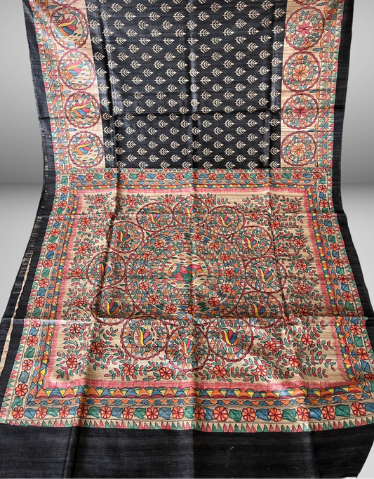 Hand Painted Black Madhubani Tussar Ghicha Silk Saree