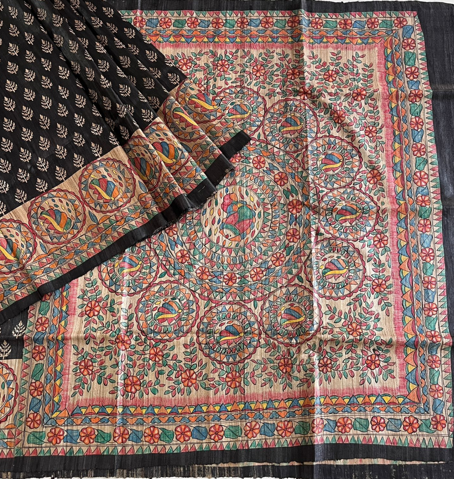 Hand Painted Black Madhubani Tussar Ghicha Silk Saree