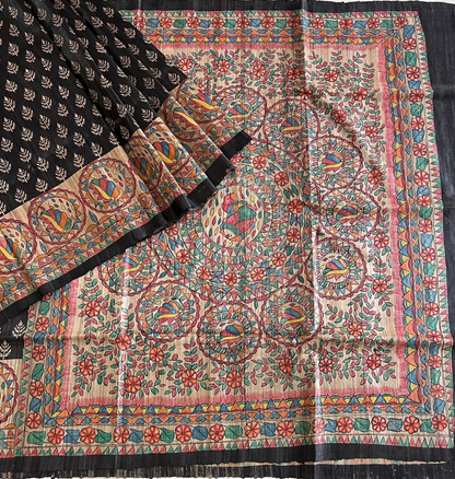Hand Painted Black Madhubani Tussar Ghicha Silk Saree