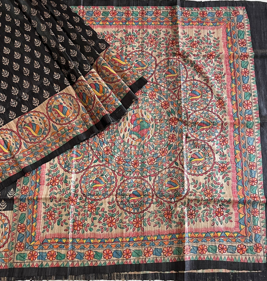 Hand Painted Black Madhubani Tussar Ghicha Silk Saree
