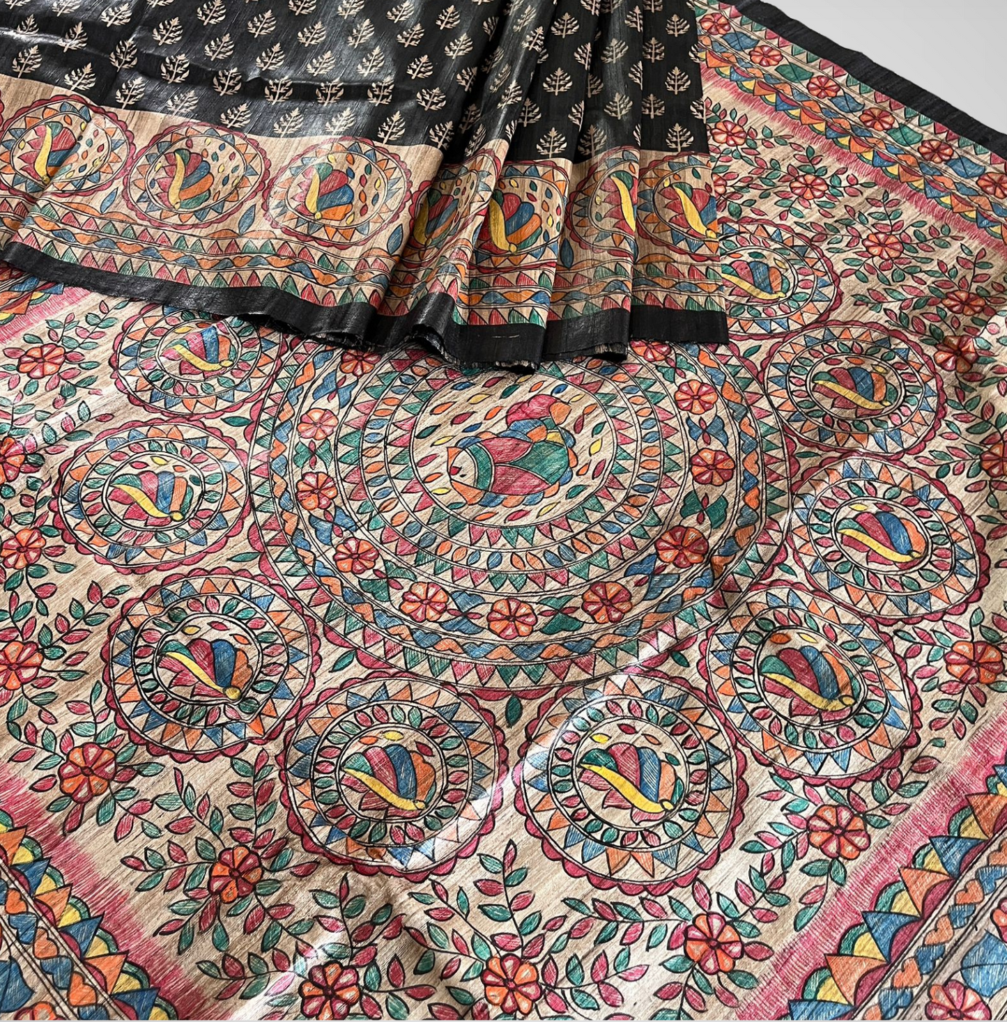 Hand Painted Black Madhubani Tussar Ghicha Silk Saree
