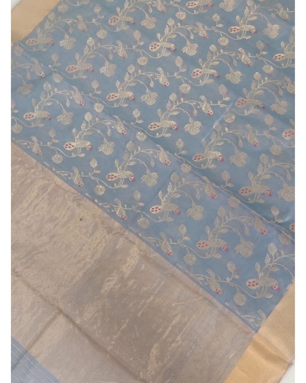 Handloom Light Blue Pure Chanderi Saree with Golden Zari Floral Motifs