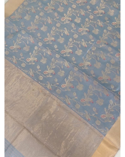 Handloom Light Blue Pure Chanderi Saree with Golden Zari Floral Motifs