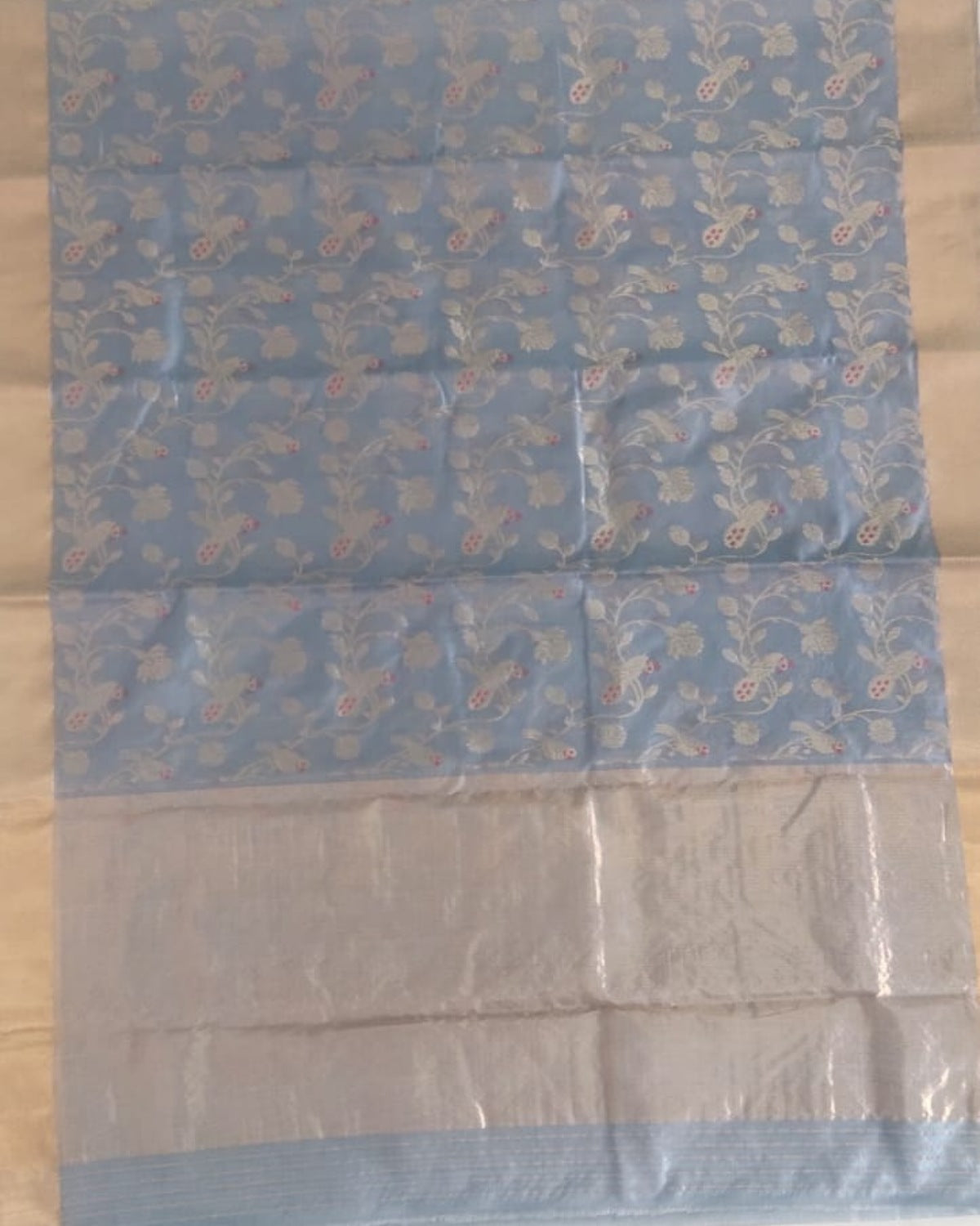 Handloom Light Blue Pure Chanderi Saree with Golden Zari Floral Motifs