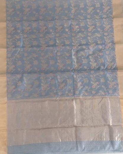 Handloom Light Blue Pure Chanderi Saree with Golden Zari Floral Motifs