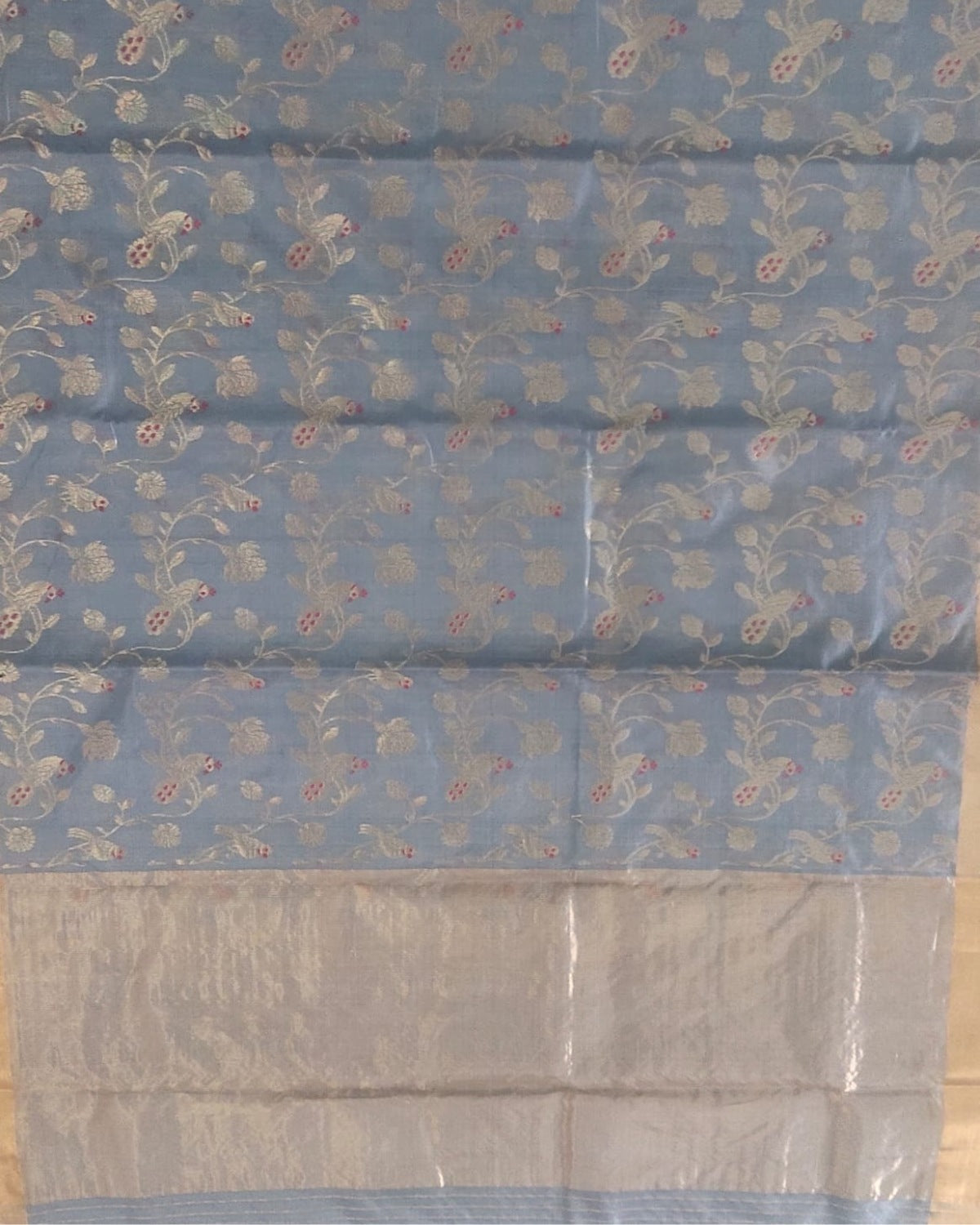 Handloom Light Blue Pure Chanderi Saree with Golden Zari Floral Motifs