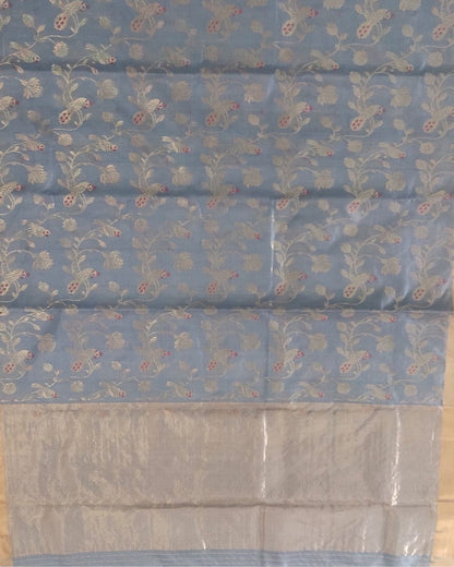 Handloom Light Blue Pure Chanderi Saree with Golden Zari Floral Motifs