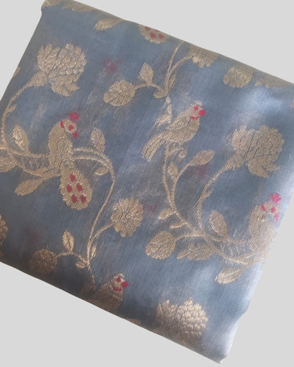Handloom Light Blue Pure Chanderi Saree with Golden Zari Floral Motifs