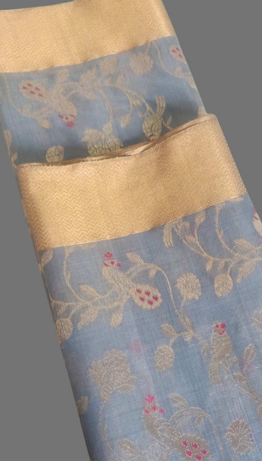 Handloom Light Blue Pure Chanderi Saree with Golden Zari Floral Motifs