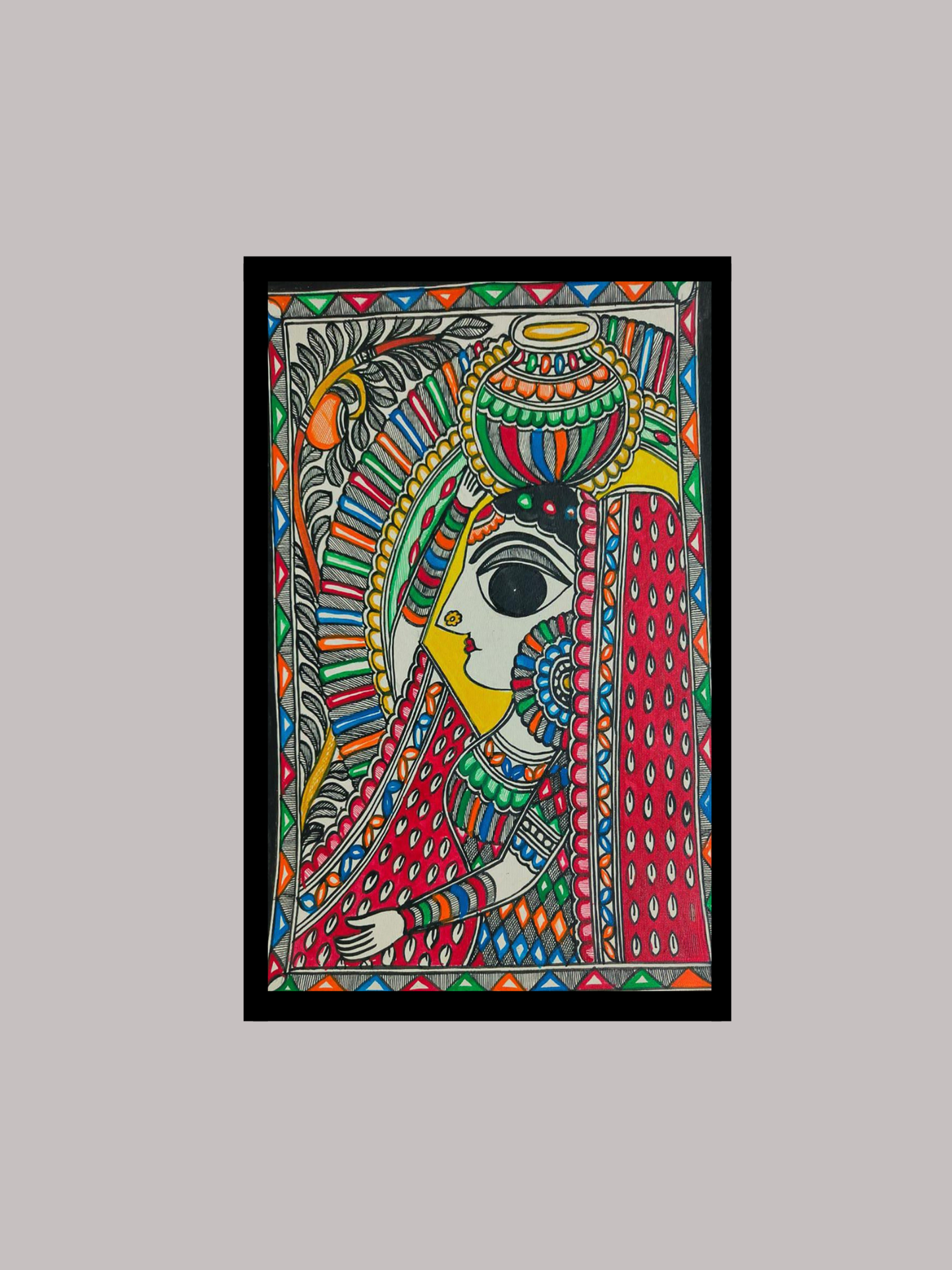 Handmade Madhubani Painting of Traditional Woman with Kalash – Vibrant Mithila Folk Art