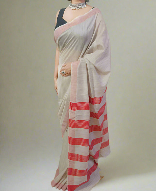 Handwoven Off White Tussar Munga Silk Saree