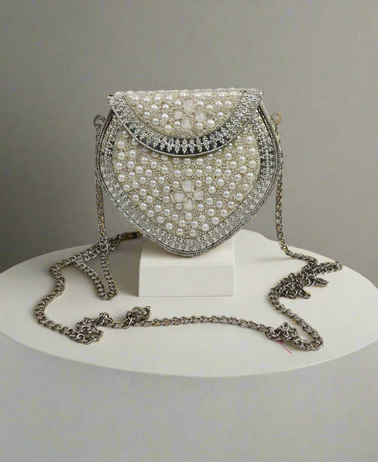 Heart Shape White Pearl Embellished Clutch Handbag