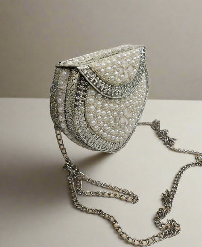 Heart Shape White Pearl Embellished Clutch Handbag