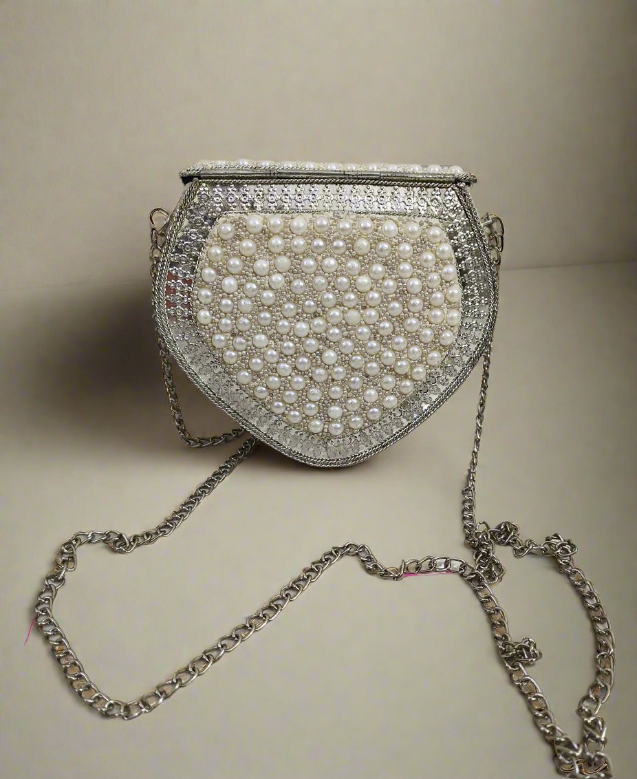 Heart Shape White Pearl Embellished Clutch Handbag