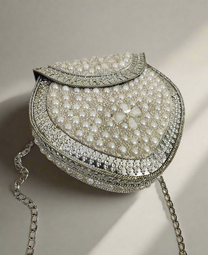 Heart Shape White Pearl Embellished Clutch Handbag