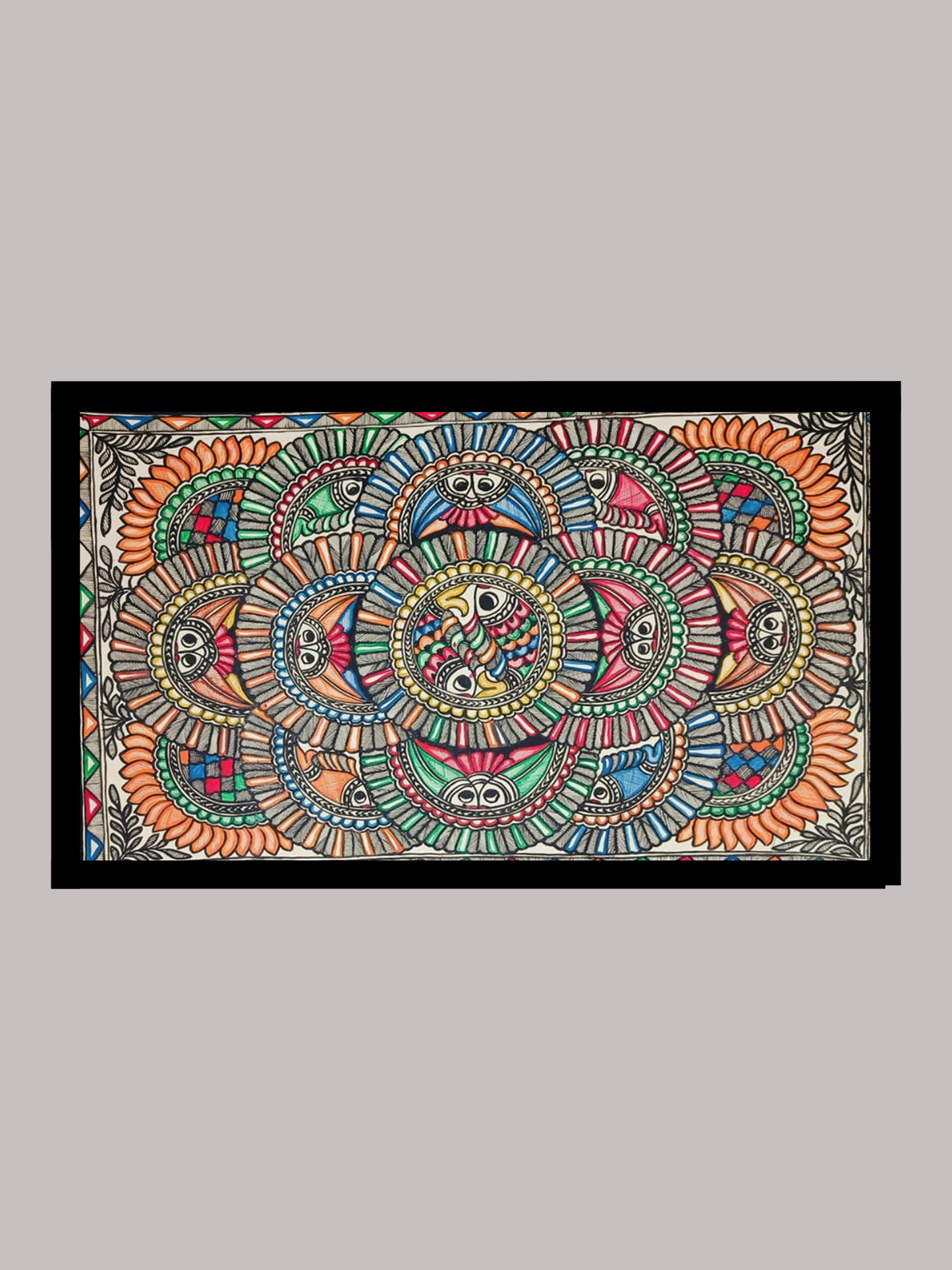 Horizontal Madhubani Geometric Mosaic - Layered Mithila Fish & Floral Art | Intricate Wall Panel
