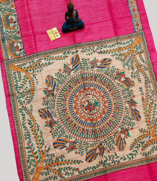 Hot Pink Madhubani Hand Painted Tussar Ghicha Silk Saree | Peepal Clothing