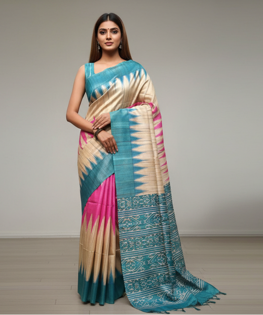 Ikat Printed Tussar Ghicha Silk Saree