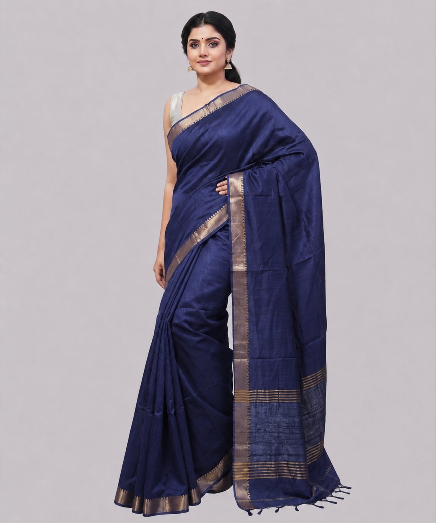 Indigo Handloom Tussar Moonga Silk Saree with Antique Gold Temple Zari Border