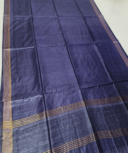 Indigo Handloom Tussar Moonga Silk Saree with Antique Gold Temple Zari Border
