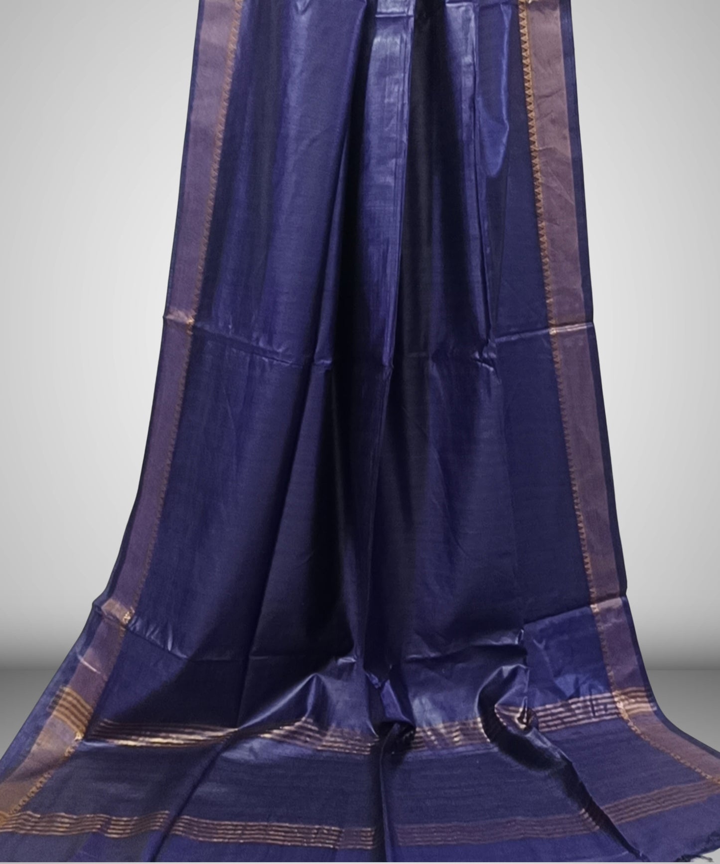 Indigo Handloom Tussar Moonga Silk Saree with Antique Gold Temple Zari Border