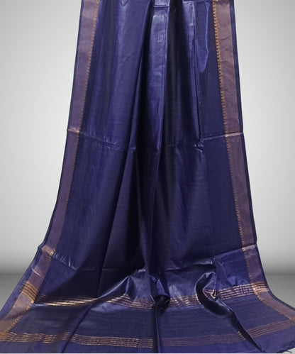 Indigo Handloom Tussar Moonga Silk Saree with Antique Gold Temple Zari Border